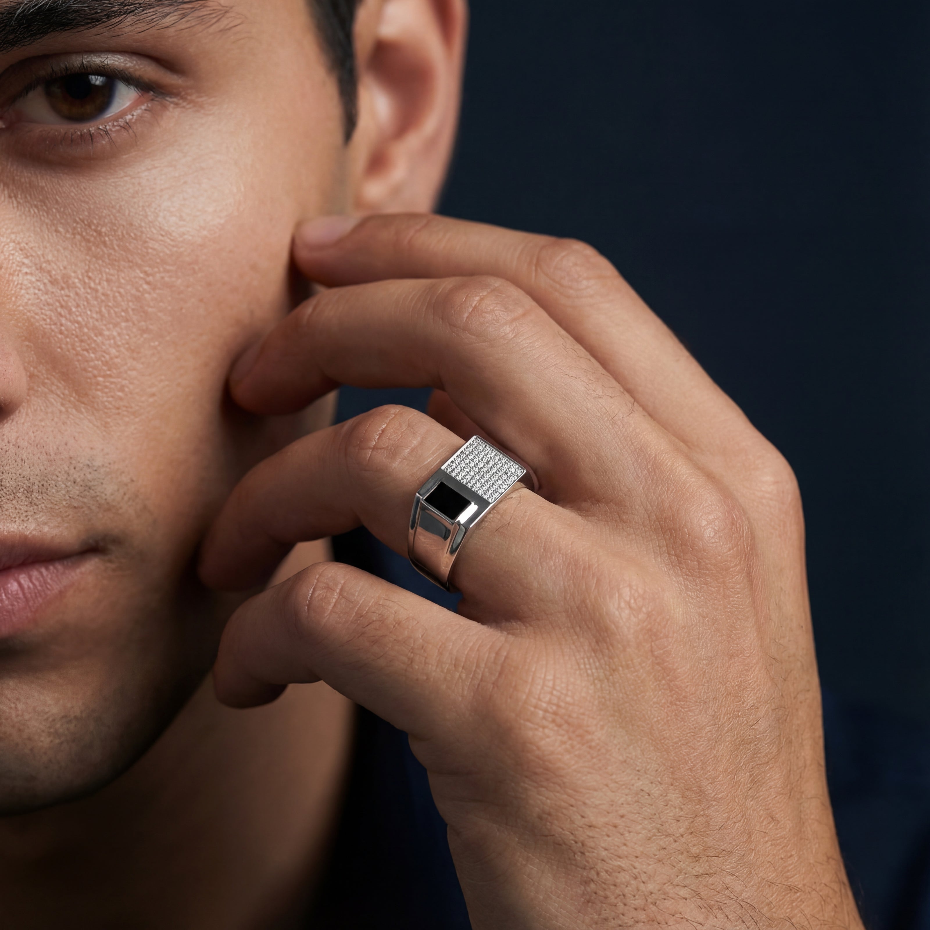 Dual Panel Black Stone & CZ Grid 925 Sterling Silver Ring for Men