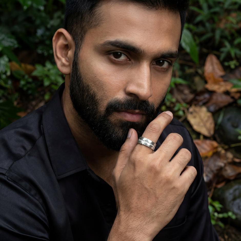 Diamond-Cut Beaded Texture 925 Sterling Silver Band for Men