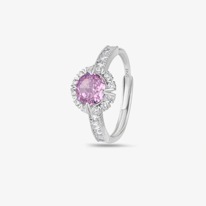 Silver ring with a pink gemstone on a white background