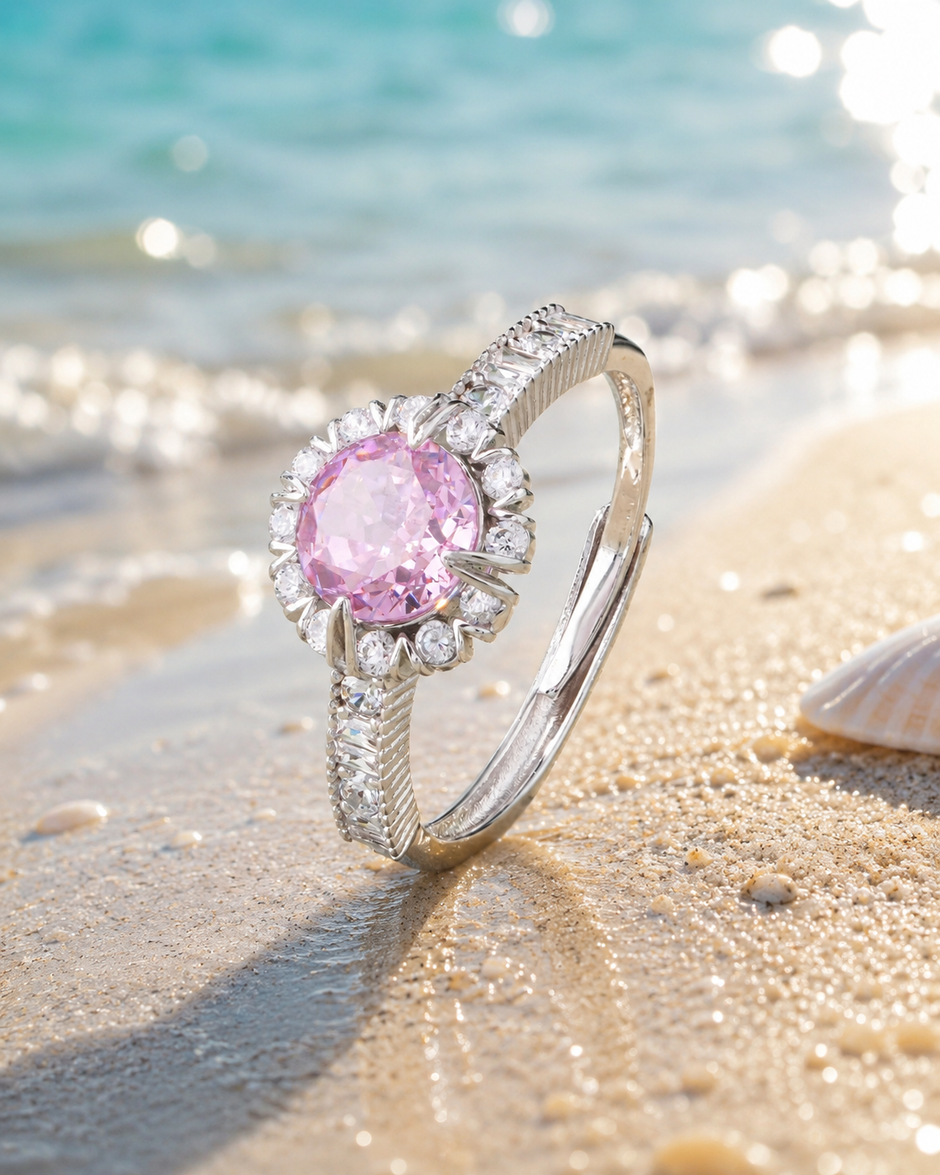 Pink Sparkle Stone Diamond Silver Ring