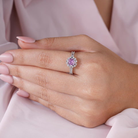 Soft Pink Round Design Sparkle Diamond 925 Sterling Silver Solitaire Ring for Women