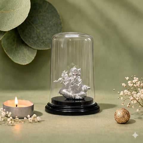 Divine Lord Ganesha Silver Murti with Glass Dome Display